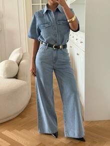 DAZY Women's Casual Washed Pocket Shirt And Wide Leg Jeans Suit, Spring/Summer - Medium Wash - View 7