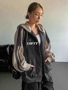 Dazy Star Women Spring And Autumn Casual Color-Blocking Hooded Sweatshirt With Letter Printing And Drawstring,Long Sleeve Tops,Fall Women Clothes Jacket Zip Up