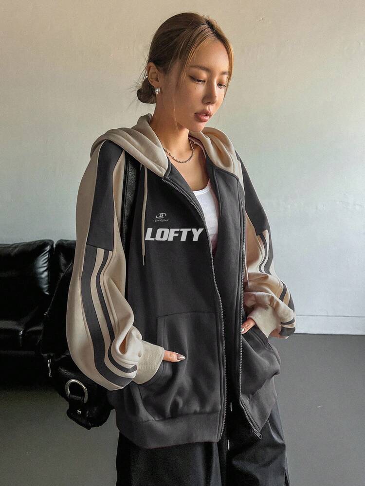 Women Spring And Autumn Casual Color-Blocking Hooded Sweatshirt With Letter Printing And Drawstring,Long Sleeve Tops,Fall Women Clothes Jacket Zip Up