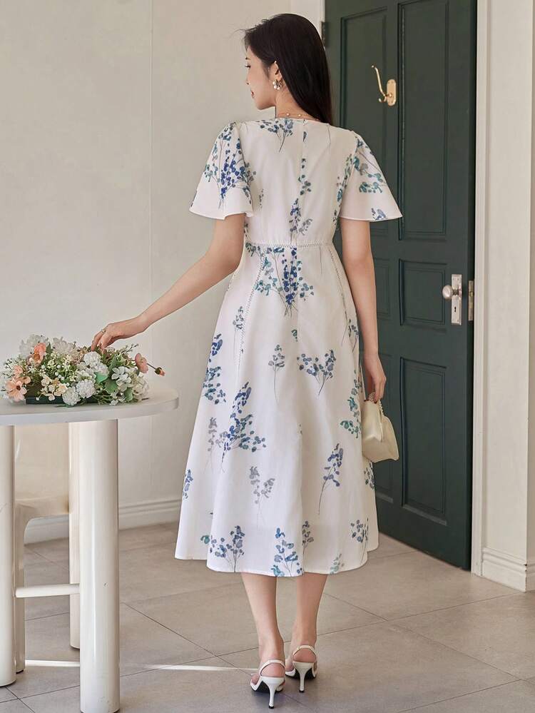 Women's Elegant Floral Ruffle Sleeve Midi Dress, Spring/Summer Wedding Guest Dress Sundress