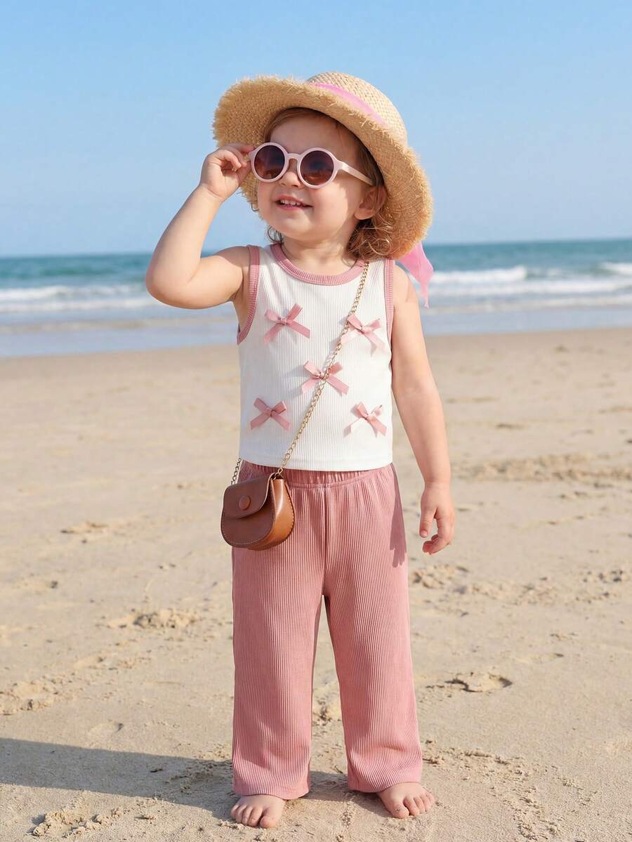 Girls Bowknot Camisole & Pants Set, Ribbed Sleeveless 2 Pieces Outfit, Summer - Pink - View 1