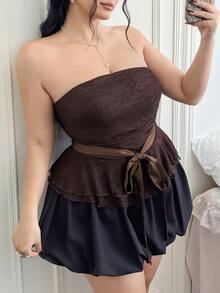 SHEIN EZwear Plus Size Women Y2K Lace Trim Bustier Top, Strapless Ruffle Hem Blouse, Brown Brown Two Piece Set Brown Tube Top Dark Brown Top - Brown - View 5