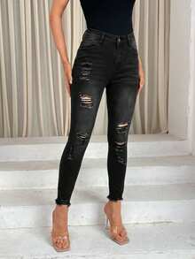 EMERY ROSE Women's Solid Color Casual Distressed Denim Jeans - Black - View 4