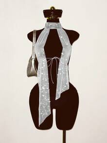 EgrlEra Women's Rhinestone Fishnet Tank Top, Sexy Sheer Sparkly, Suitable For Holiday Party - White - View 6