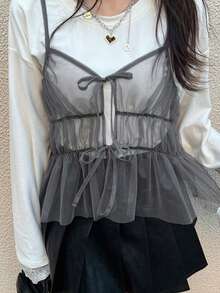 Women's Camisole Top With Layered Mesh, Waist Tie, And Bow Accent - Dark Grey - View 1