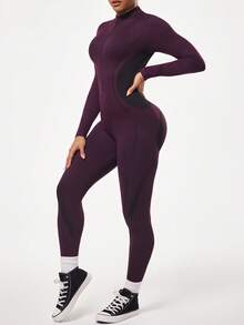 Seamluxe SHEIN Sport 女士拉链前开长袖连体裤，适合日常健身和锻炼 - 黑色 - 查看 3