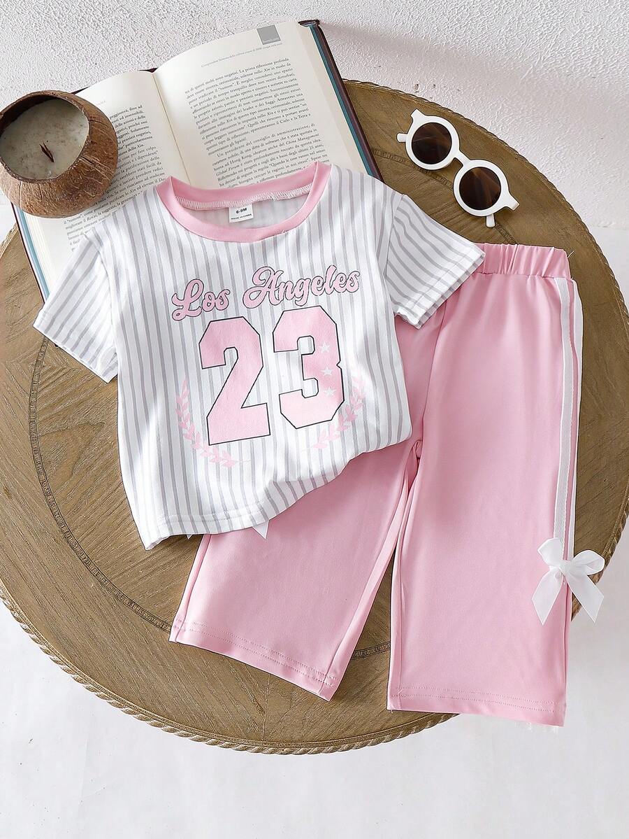 SHEIN 2pcs/Set Baby Girl Infant Toddler 0-3 Years Old Casual Street Style Black T-Shirt And Pants Set - Pink - View 1