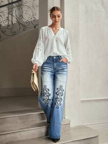 Selenza Women's Floral Print Pocket Wide Leg Loose Casual Jeans - Blue - View 1