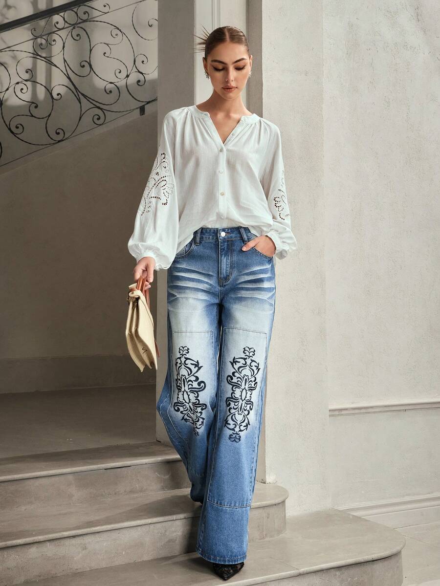 Selenza Women's Floral Print Pocket Wide Leg Loose Casual Jeans - Blue - View 1