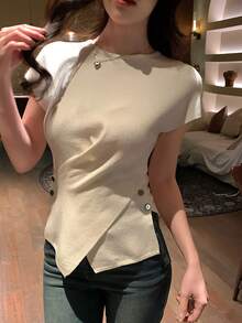 DAZY 女士不对称设计冰丝短袖针织T恤，收腰修身吊带背心，夏季新款 - 白色 - 查看 3