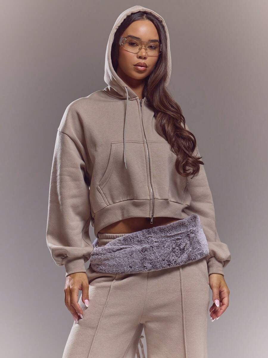 MUSERA Washed Lace Up Back Zip Through Hoodie Tracksuit Top Only Spring Summer Cute Sexy Streetwear Night Out Ballet Sleeze - Khaki - View 1