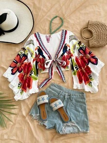 Soleia Women's Summer Set Vacation Outfits Women Casual Vacation Tie-Front Flare Sleeve Ruffle Cuff Leopard Print Shirt - Multicolor - View 1