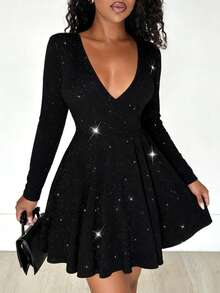 Rafferiza 女士黑色连衣裙，优雅纯色针织高弹力闪亮亮片V领派对连衣裙，适合音乐会、性感夜店等场合，也适合圣诞节、万圣节、新年等节日穿着。柔软弹力针织面料，收腰设计，时尚百搭，秋季必备单品，新款秋冬长袖连衣裙。 - 黑色 - 查看 6