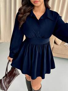 Vionelle 大码纯色收腰长袖衬衫领梭织连衣裙，秋冬款 - 藏蓝色 - 查看 7