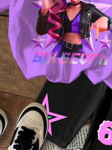 SHEIN 2件套少女休闲时尚彩色韩流女团字母星星印花可爱动漫韩流图案圆领短袖T恤和短裤套装，适合夏季、外出、度假、演唱会等场合。 - 彩色 - 查看 6