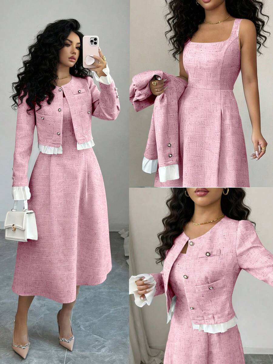 Elenzga Blue & White Patchwork Sleeveless Jacket With Button Pockets, Elegant Casual Commuter Dress - Pink - View 1