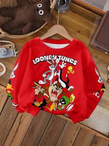 LOONEY TUNES X SHEIN Tween Boy Casual Letter & Cartoon Graphic Crew Neck Sweatshirt, Spring Autumn - White - View 1