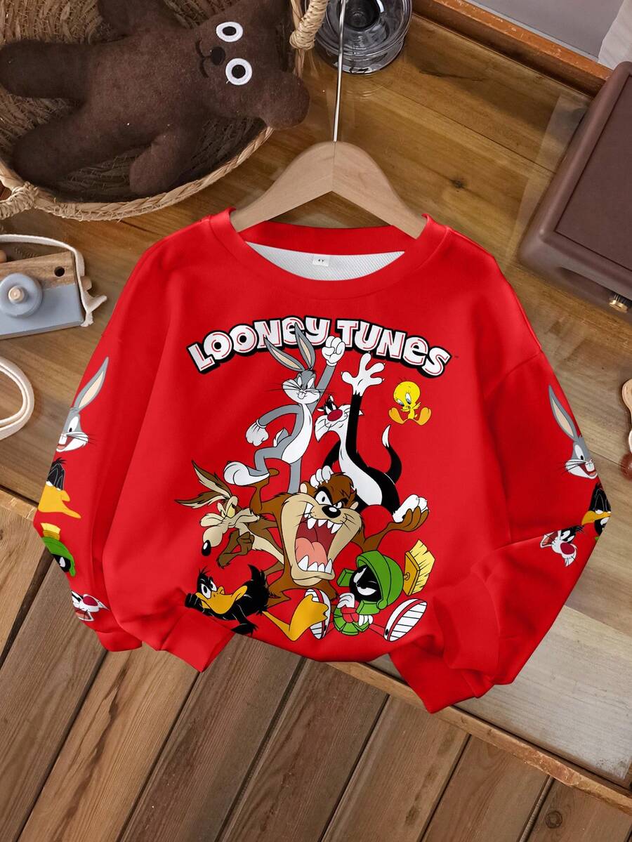 LOONEY TUNES X SHEIN Tween Boy Casual Letter & Cartoon Graphic Crew Neck Sweatshirt, Spring Autumn - White - View 1