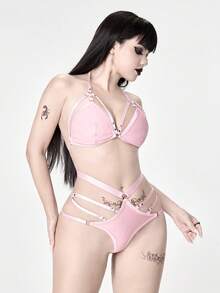 ROMWE Grunge Punk Dark Punk Eyelet Strap Triangle Cup Bra & Panty Sexy Lingerie Set - Pink - View 5
