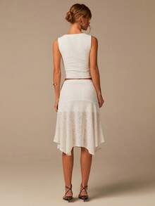 COSMINA 无袖上衣和裙子套装，优雅女士套装，复古图案，针织弹力提花面料，夏季度假休闲套装，浅杏色套装，情人节套装，海滩度假套装，日常穿着 - 杏色 - 查看 4