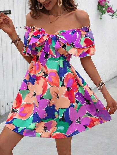 Breezaya Vacation Style Tie-Dye Off Shoulder Ruffle Edge Dress With Tied Belt Vacation Beach Outfits Women