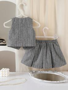 SHEIN Babygirl Cute Simple Gray Striped Tank Top & Elastic Waist Mini Skirt Set - Grey - View 2