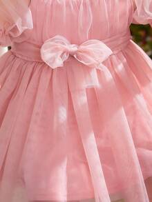 SHEIN 女婴优雅可爱粉色网纱蝴蝶结荷叶边短袖连衣裙 - 粉色 - 查看 6