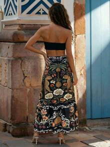 CAJUNI Tropical Vacation Rainbow Flowers Long Skirt - Black - View 4