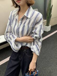 Women's Turndown Collar Striped Casual Loose Long Sleeve Blouse, Korean Style, Spring/Summer - Baby Blue - View 2
