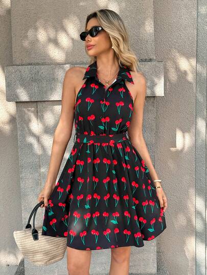 Pariaura Women's Cherry Print Collared Sleeveless Casual Short Dress