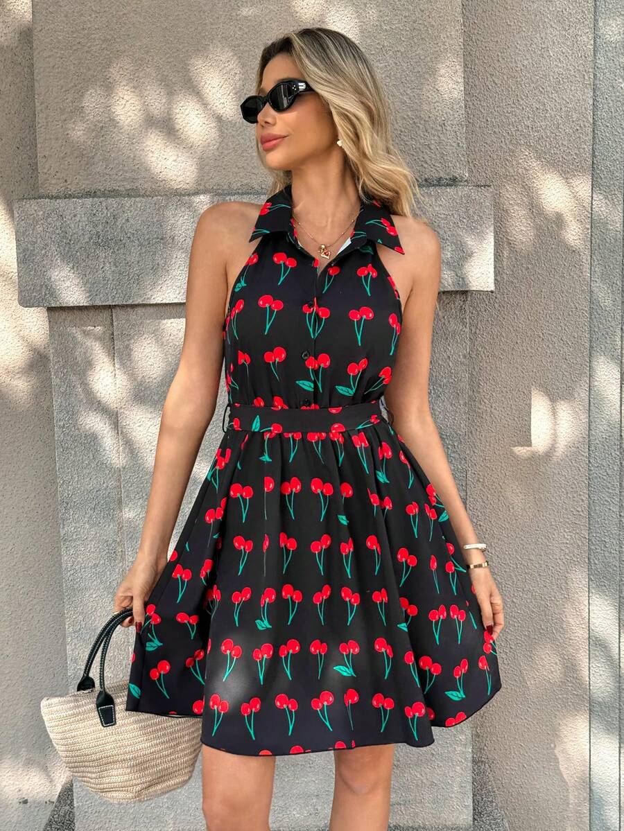 Pariaura Women's Cherry Print Collared Sleeveless Casual Short Dress - Black - View 1