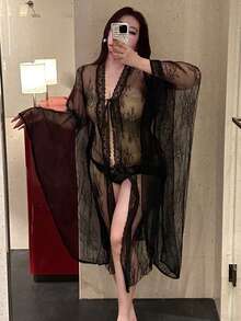 Vibekara 大码女式宽松性感浪漫蕾丝大胆深V领衬衫 - 黑色 - 查看 4