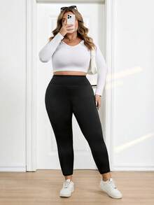 SHEIN CURVE+ Plus Size Women's Sequined High Elasticity Tight Leggings - Black - View 5