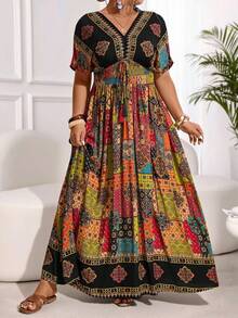 Breezaya Đầm cỡ lớn xếp ly, chắp vá, tay cánh dơi, tua rua - Nhiều màu - Xem 1