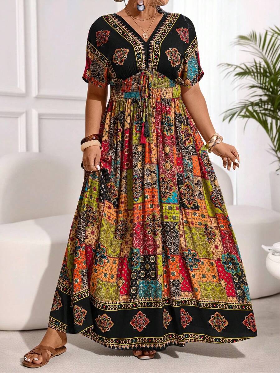 Breezaya Đầm cỡ lớn xếp ly, chắp vá, tay cánh dơi, tua rua - Nhiều màu - Xem 1