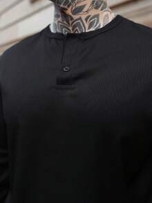 Artur Kramer 新款男士休闲经典罗纹亨利领轻薄百搭长袖T恤 - 黑色 - 查看 3