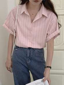 DAZY 女士条纹单排扣休闲商务短袖衬衫 - 藕粉色 - 查看 5