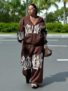 Muchica Plus Size Women Letter Print Drop Shoulder Long Sleeve Hoodie And Pants Casual 2 Piece Set - Brown - View 9