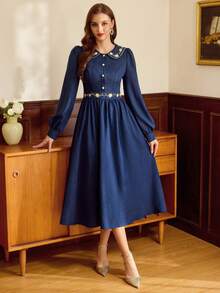 Vintamour 复古优雅女士连衣裙，带口袋，刺绣彼得潘领，纽扣闭合，休闲通勤度假连衣裙，春夏女装，夏季度假装，夏季服装，夏季连衣裙，春季女装，春季服装，春假服装，情人节服装，优雅女士连衣裙，夏季度假装 - 藍色 - 查看 4