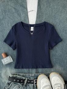 SHEIN Camiseta de manga corta de cuello redondo casual con elástico acanalado para niñas preadolescentes - Azul Marino - Ver 1