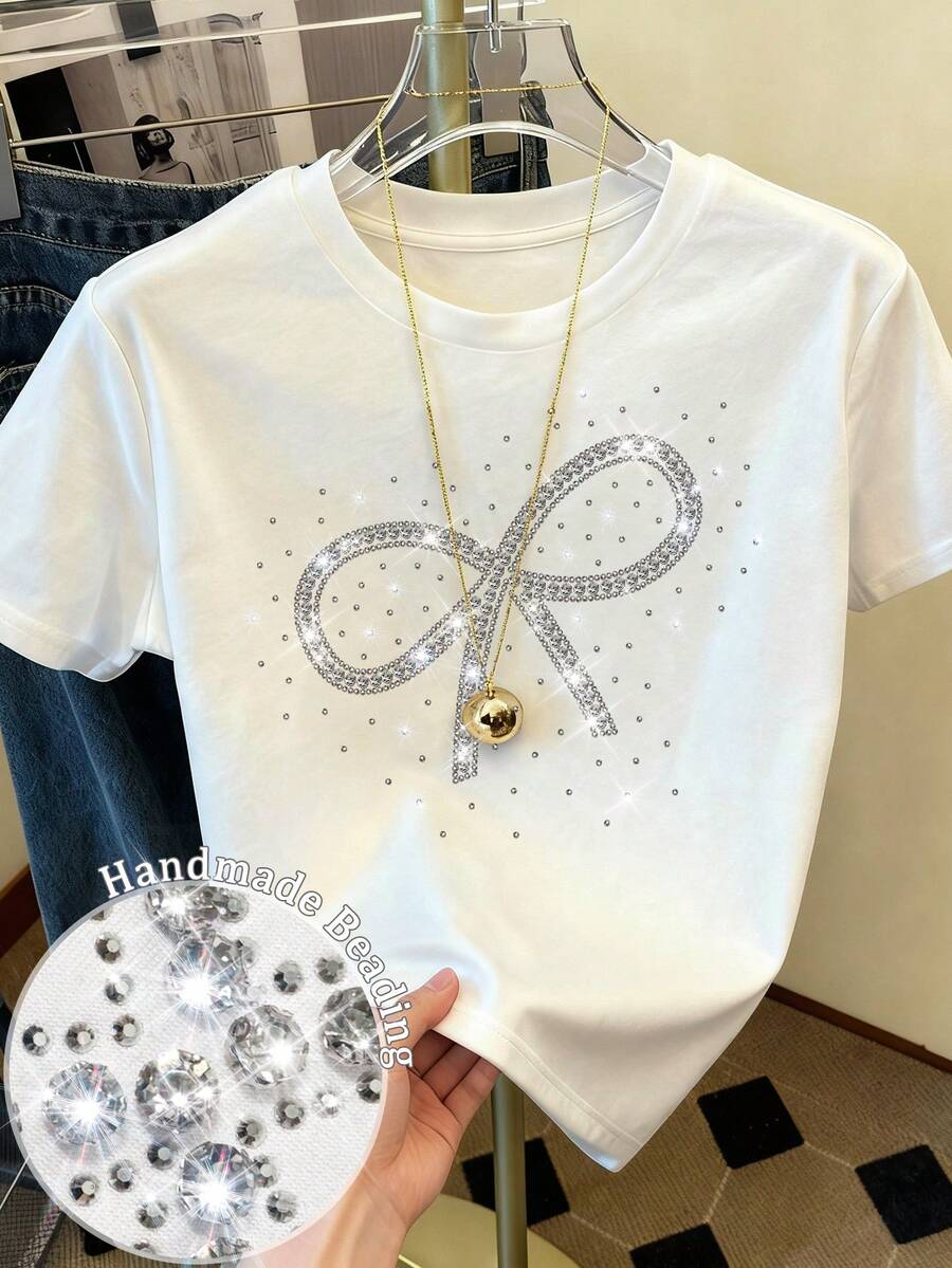 Resyla Shiny Bow Knot Studded, Rhinestone Embellished Minimalist Women's Regular Short Sleeve Crew Neck T-Shirt, Gift For Friends - White - View 1