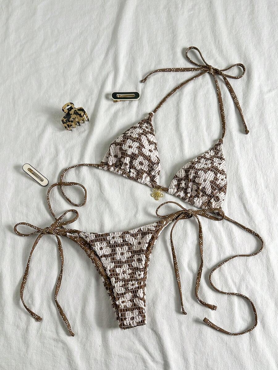 Swim Mod 2pcs/Set Women Summer Halter Floral Print Lace-Up Side Tie Bikini Set, Beach Vacation - Multicolor - View 1