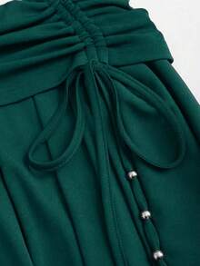 Sweetra Petite Bohemian Style Ruched Waist Asymmetrical Hem Brown Short Skirt, Suitable For Petite, Spring/Summer - Dark Green - View 5