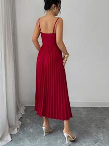Rafferiza Đầm midi dáng chữ A không tay, thắt eo, xếp ly, thanh lịch, gợi cảm, đa năng dành cho nữ, màu đỏ, thích hợp cho kỳ nghỉ hoặc đi làm, trang trí kim loại, màu xuân/hè. - Đỏ - Xem 2