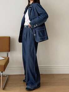 DAZY 女士宽松牛仔夹克有领直筒牛仔裤休闲牛仔套装 - 中等水洗藍 - 查看 2