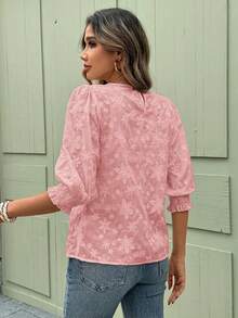 SHEIN Clasi Áo kiểu nữ cổ tròn tay lửng thêu họa tiết đục lỗ, thanh lịch, thích hợp mặc hàng ngày, đi nghỉ mát, mùa xuân/hè. - Hồng - Xem 2