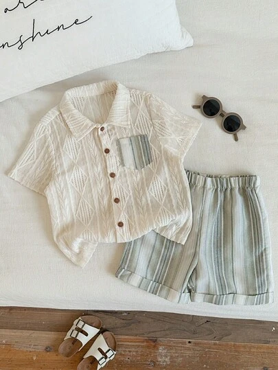 2pcs/Set Young Boy Casual Apricot Pocket Polo Shirt And Green Striped Shorts Set, Suitable For Summer Casual Vacation
