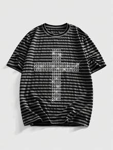 ROMWE MEN Street Life Camiseta de manga corta ajustada con rayas y remaches para hombres - Blanco y Negro - Ver 10