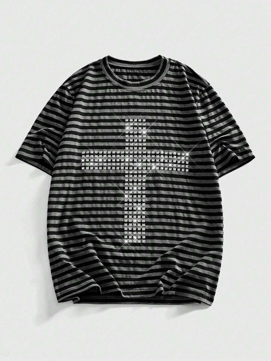 ROMWE MEN Street Life Camiseta de manga corta ajustada con rayas y remaches para hombres - Blanco y Negro - Ver 1