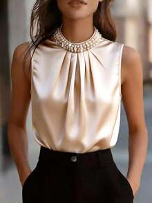Franclia Women's Elegant Champagne Satin Camisole Top,Beaded Collar Blouse,Sleeveless White Gold,Summer,Elegant,Dining Tank Top With Faux Pearl Button Decor - Champagne - View 3